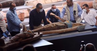 العناني يفتح أحد التوابيت المكتشفة بمنطقة آثار سقارة أمام وسائل الإعلام