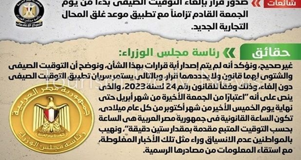 مجلس الوزراء يوضح حقيقة إلغاء التوقيت الصيفي بدءاً من يوم الجمعة القادم